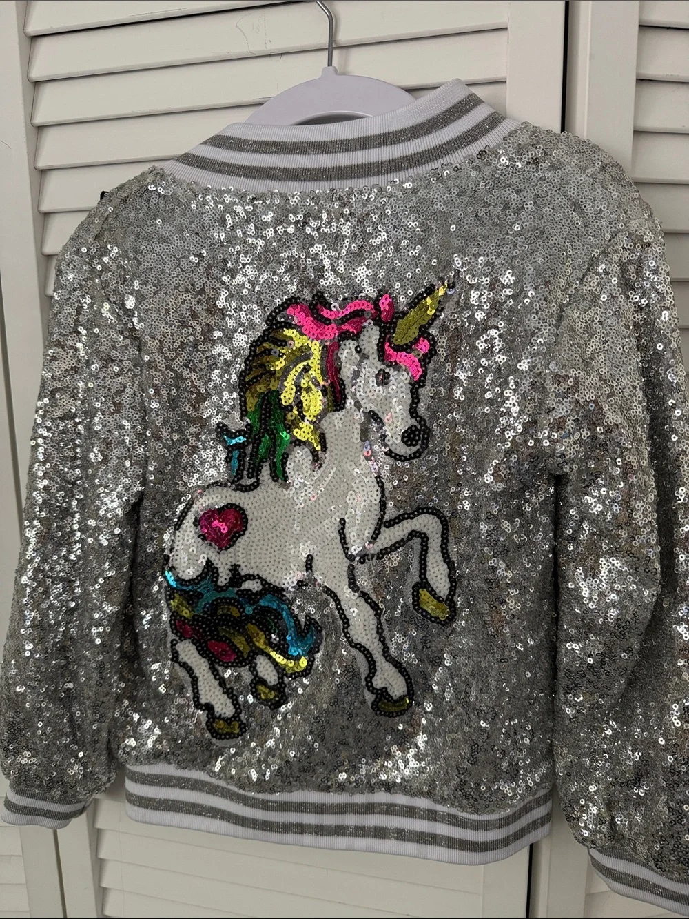 Lola + The Boys Silver Unicorn Sequin Jacket with Multicolor Star Patches